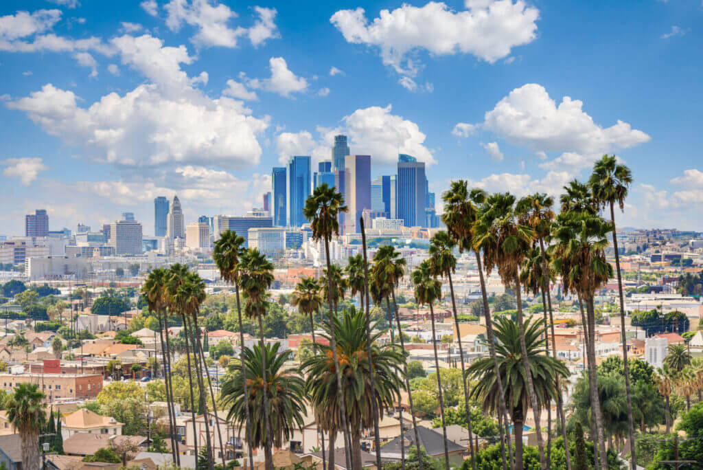 Bright and vibrant Los Angeles downtown skyline on a sunny day