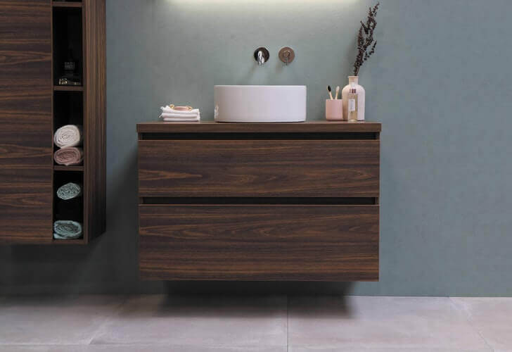 A wooden bathroom cabinet.