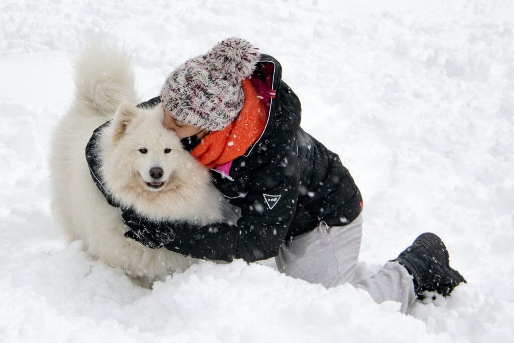 A girl hugging a dog in the snow 