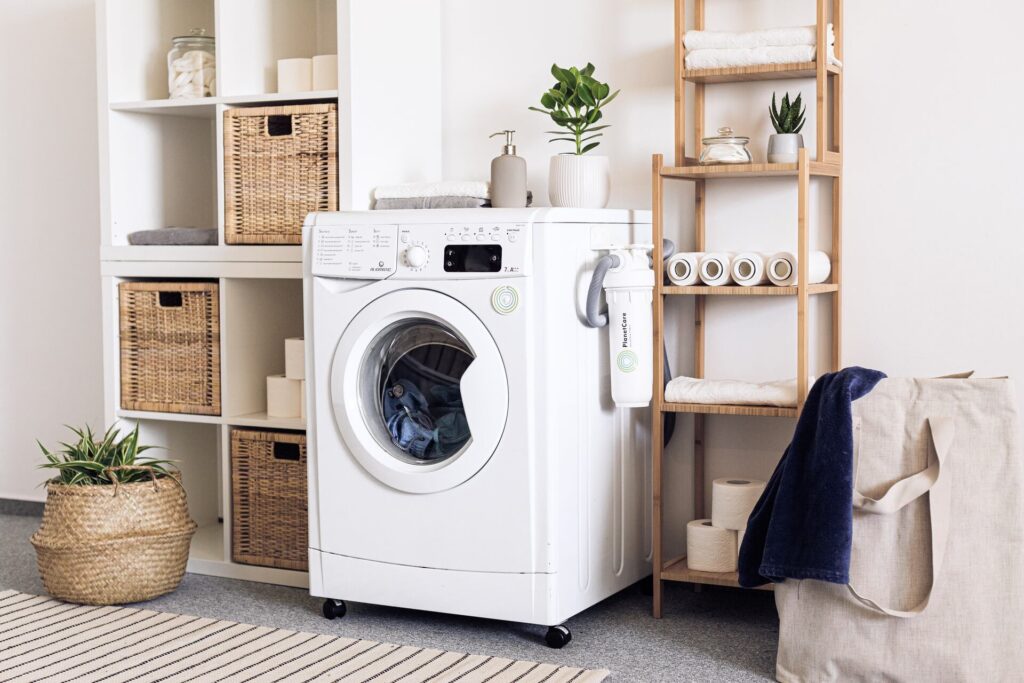 A washing machine between shelves before long-distance moving