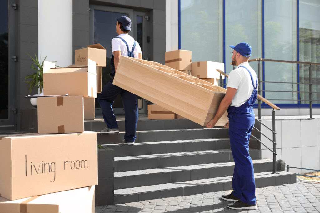 Long-distance movers carrying a large box 