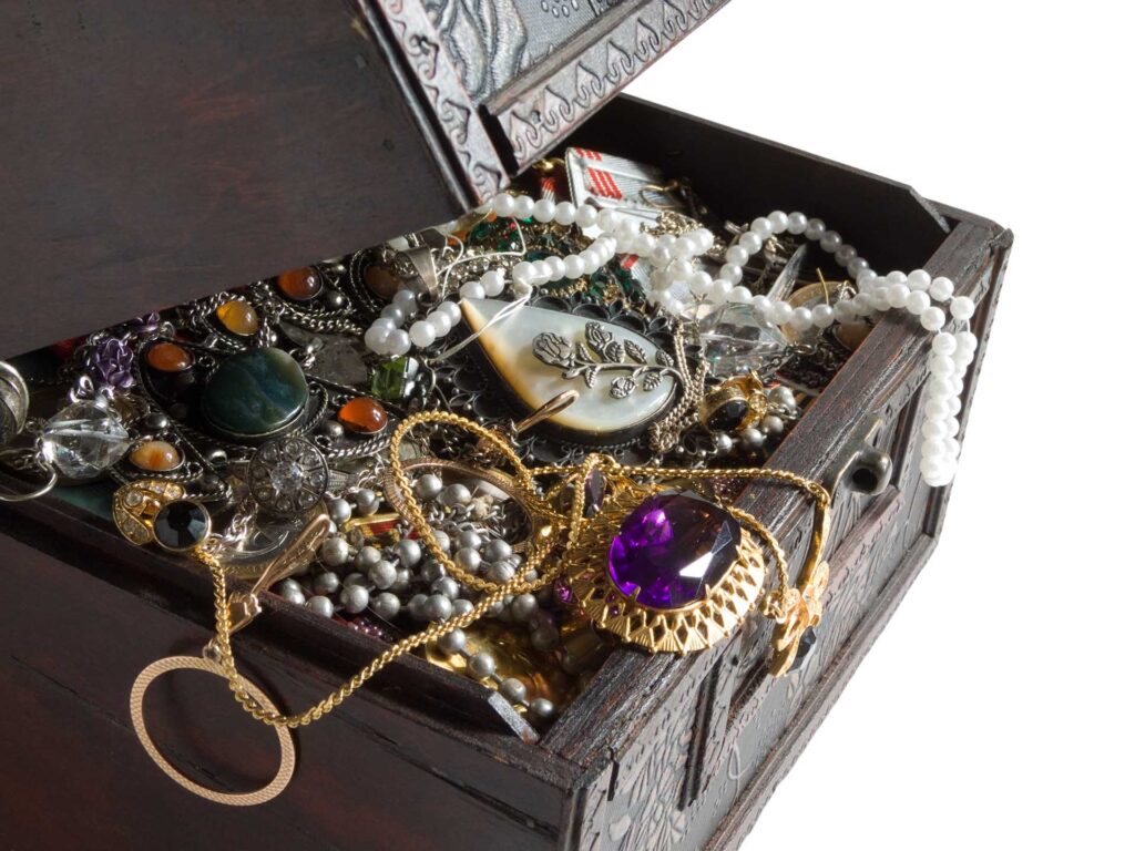 Jewelry in the wooden crate