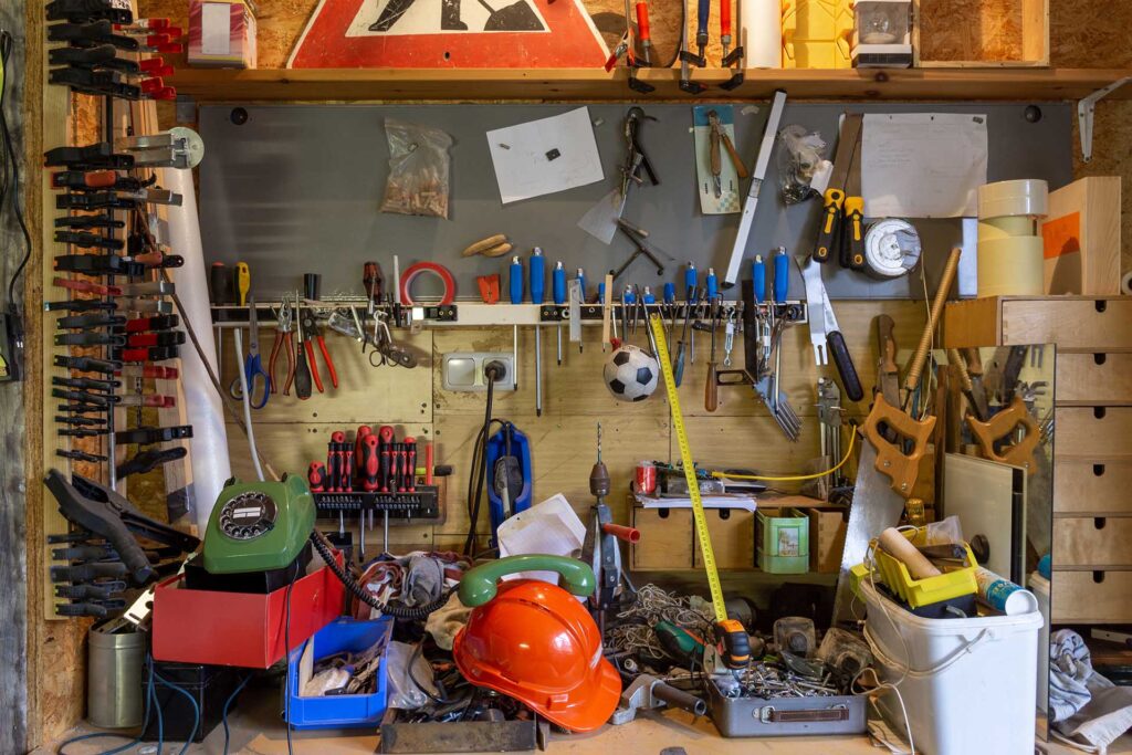 Tools and personal items in a garage